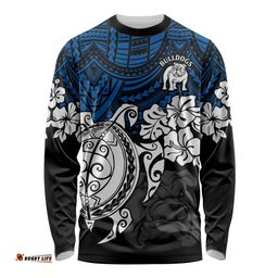 Custom Bulldogs Rugby Long Sleeve T-shirt Berries Hibiscus and Turtle With Polynesian Pattern