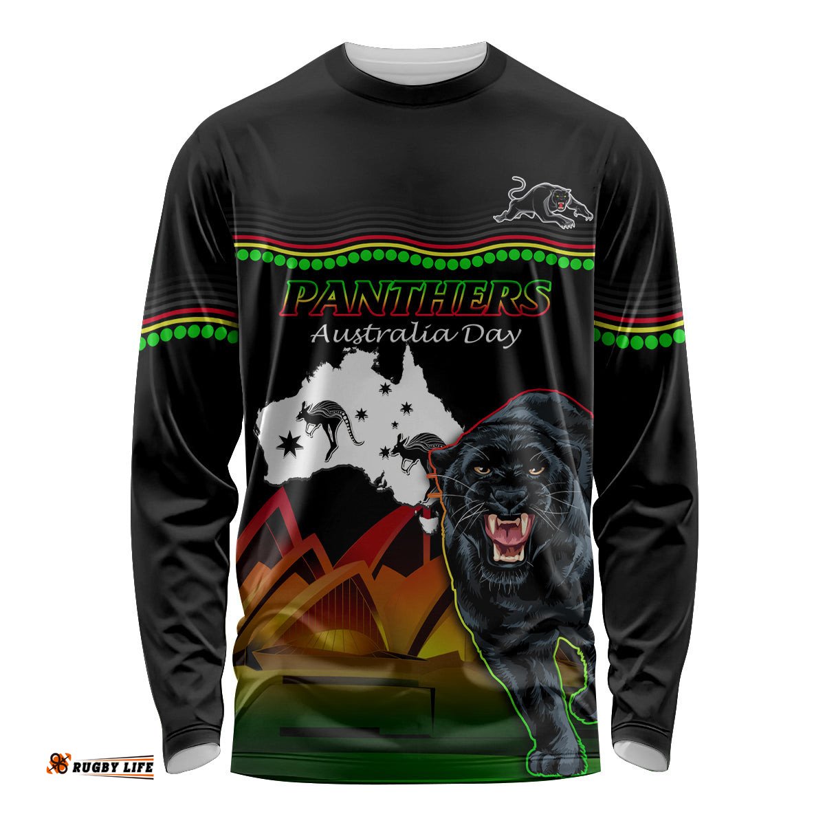 Custom Australia Day Panthers Long Sleeve T-shirt NRL 2024 Sydney Opera House With Map Black