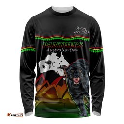 Custom Australia Day Panthers Long Sleeve T-shirt NRL 2024 Sydney Opera House With Map Black