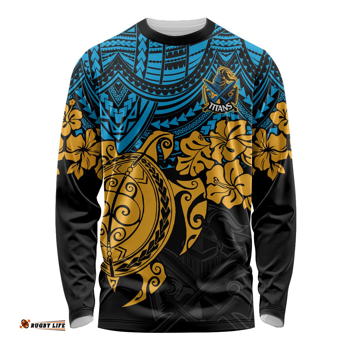 Custom Titans Rugby Long Sleeve T-shirt GLD Hibiscus and Turtle With Polynesian Pattern