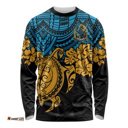 Custom Titans Rugby Long Sleeve T-shirt GLD Hibiscus and Turtle With Polynesian Pattern