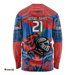 Custom Knights Rugby ANZAC Long Sleeve T-shirt Novocastrians Gallipoli Soldier With Aboriginal Art