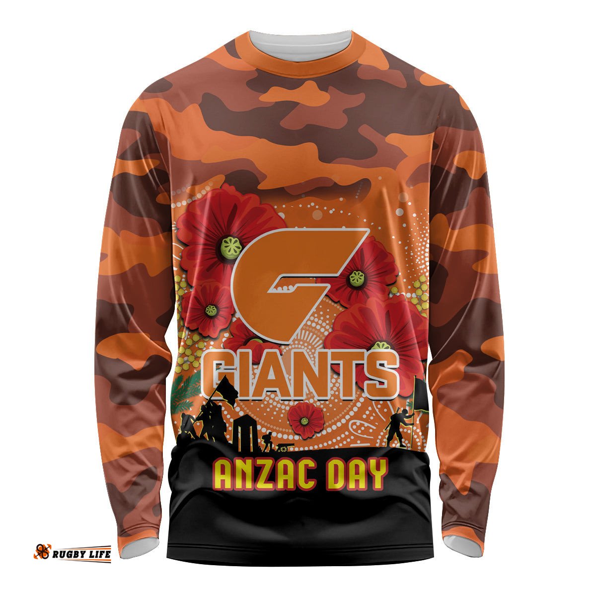 Custom Giants Football ANZAC Long Sleeve T-shirt Gallipoli Camouflage With Poppies