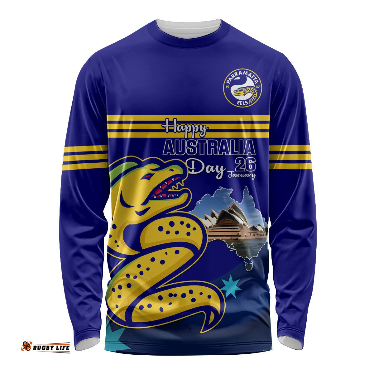 Custom Australia Day Eels Long Sleeve T-shirt NRL 2024 Sydney Opera House With Map