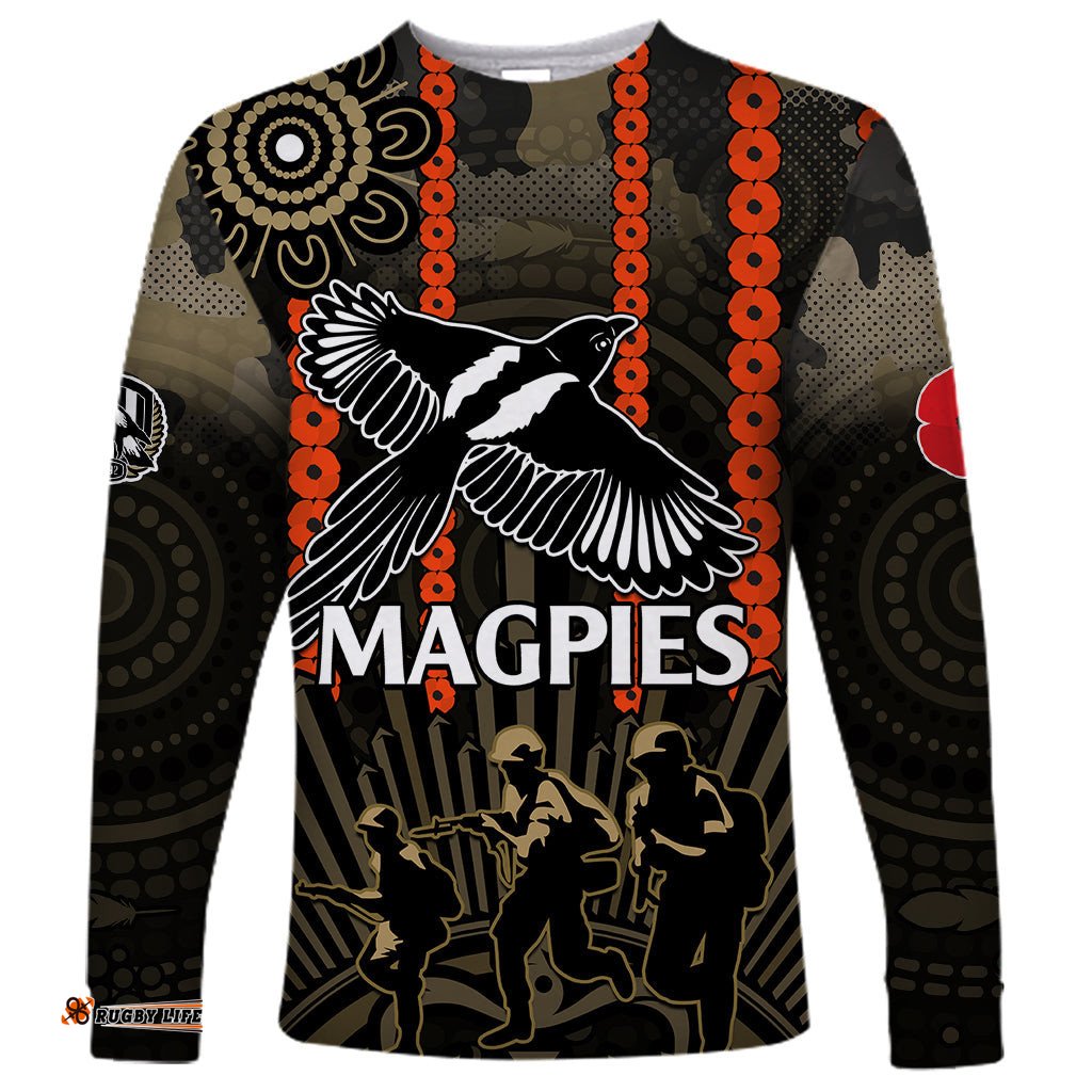 Custom Text And Number ANZAC Collingwood Football Long Sleeve T-shirt Proud To Be Magpies Poppy Flowers and Aboriginal Version