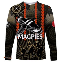 Custom Text And Number ANZAC Collingwood Football Long Sleeve T-shirt Proud To Be Magpies Poppy Flowers and Aboriginal Version