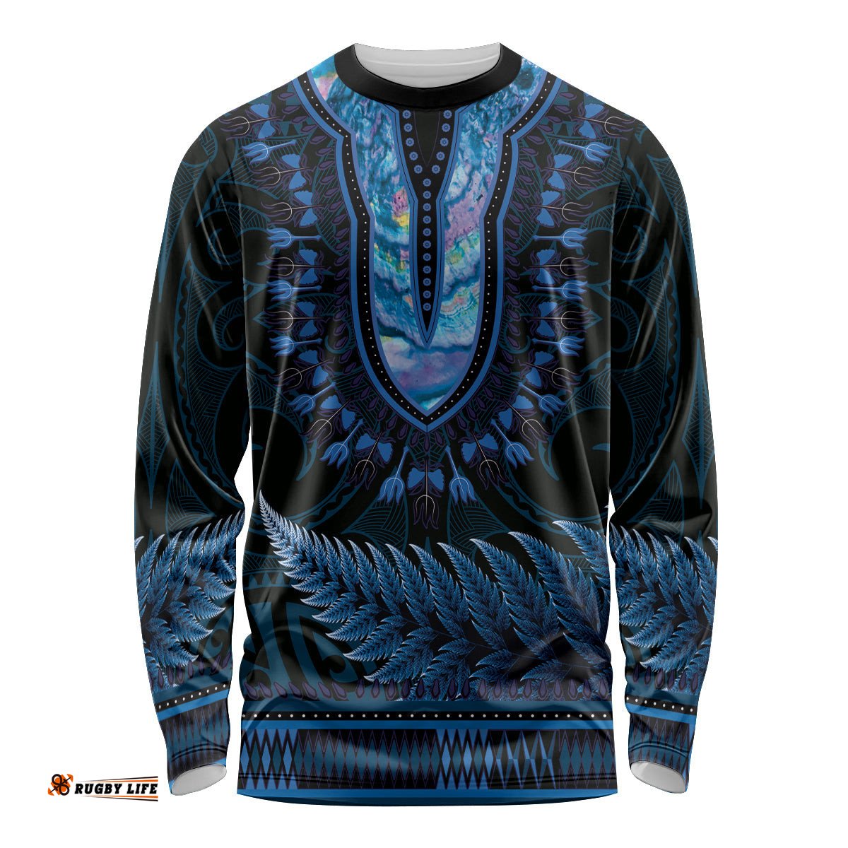 Blue African Dashiki With Aotearoa Maori Long Sleeve T-shirt Paua Shell Mix Silver Fern