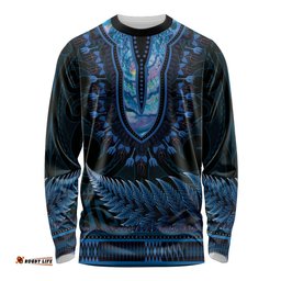 Blue African Dashiki With Aotearoa Maori Long Sleeve T-shirt Paua Shell Mix Silver Fern