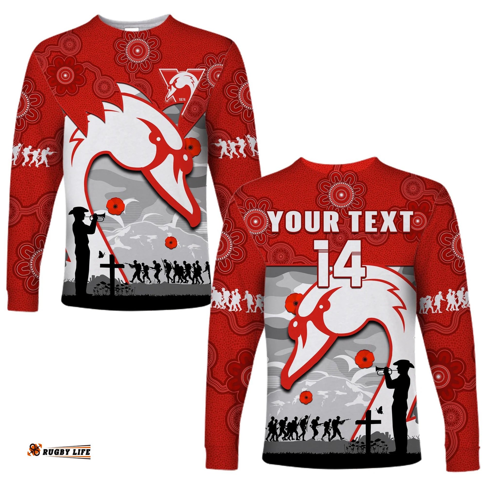 Custom Text And Number Swans Football ANZAC Long Sleeve T-shirt Sydney Indigenous Camouflage Art