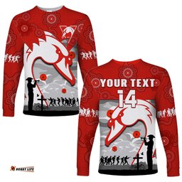 Custom Text And Number Swans Football ANZAC Long Sleeve T-shirt Sydney Indigenous Camouflage Art
