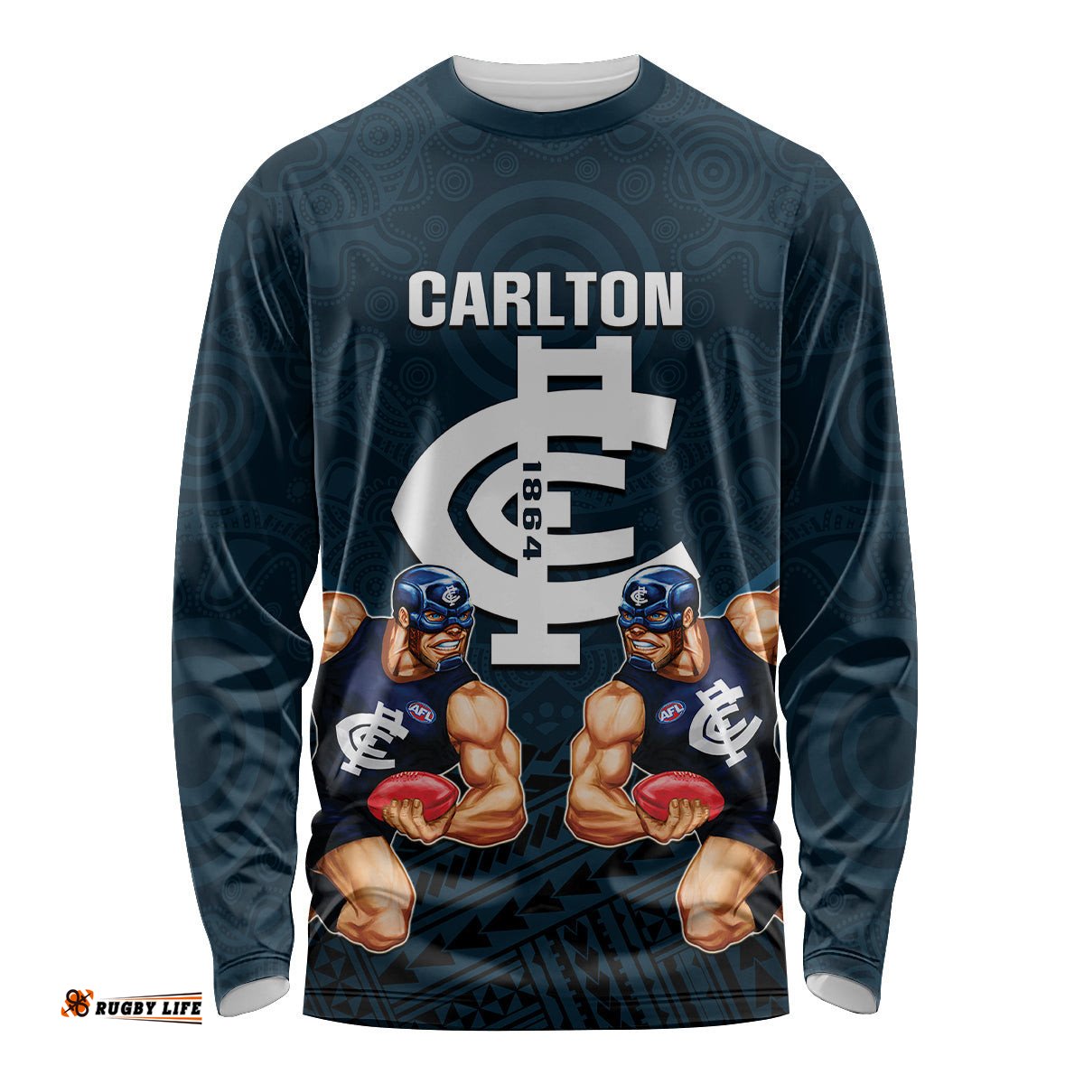 Calrton Football Long Sleeve T-shirt Blues Go Champions Polynesian Indigenous Art