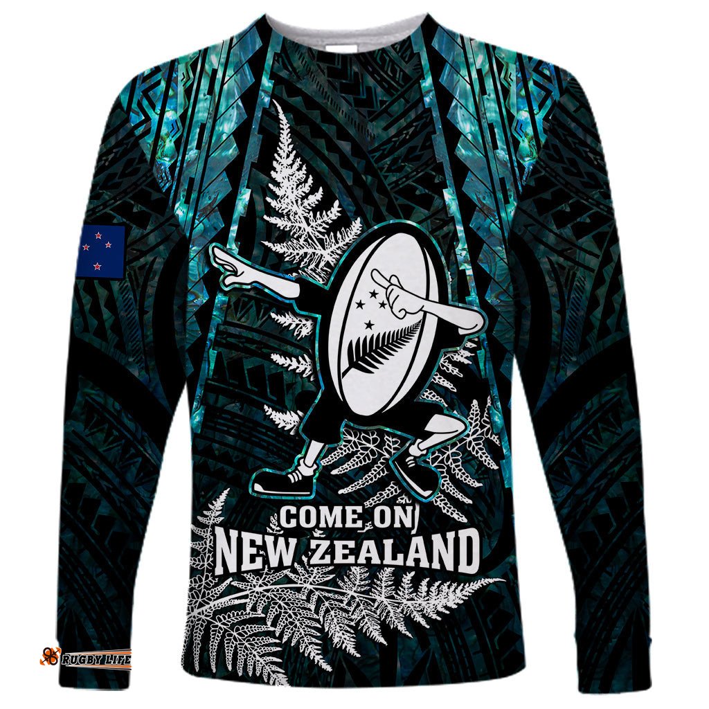 Custom New Zealand Silver Fern Rugby Long Sleeve T-shirt Aotearoa All Black Dabbing Ball With Maori Paua Shell