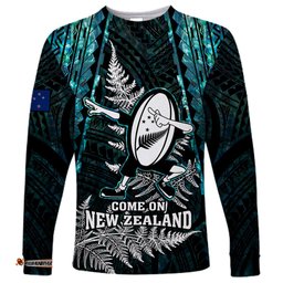 Custom New Zealand Silver Fern Rugby Long Sleeve T-shirt Aotearoa All Black Dabbing Ball With Maori Paua Shell
