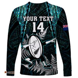 Custom New Zealand Silver Fern Rugby Long Sleeve T-shirt Aotearoa All Black Dabbing Ball With Maori Paua Shell