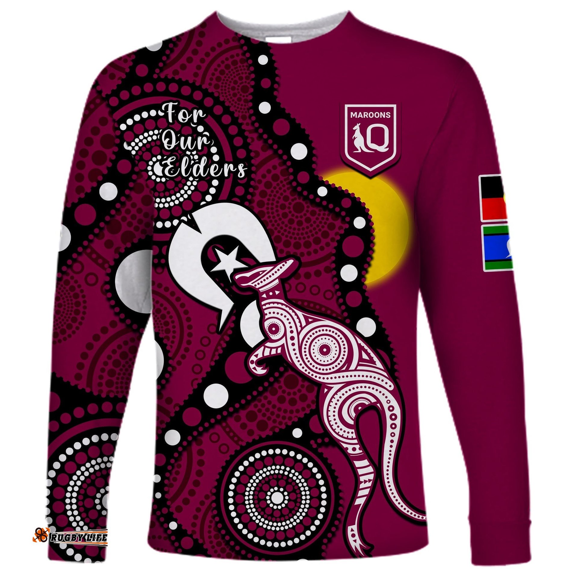 Custom Text And Number Maroons Rugby NAIDOC Long Sleeve T-shirt QLD For Our Elders Indigenous Art