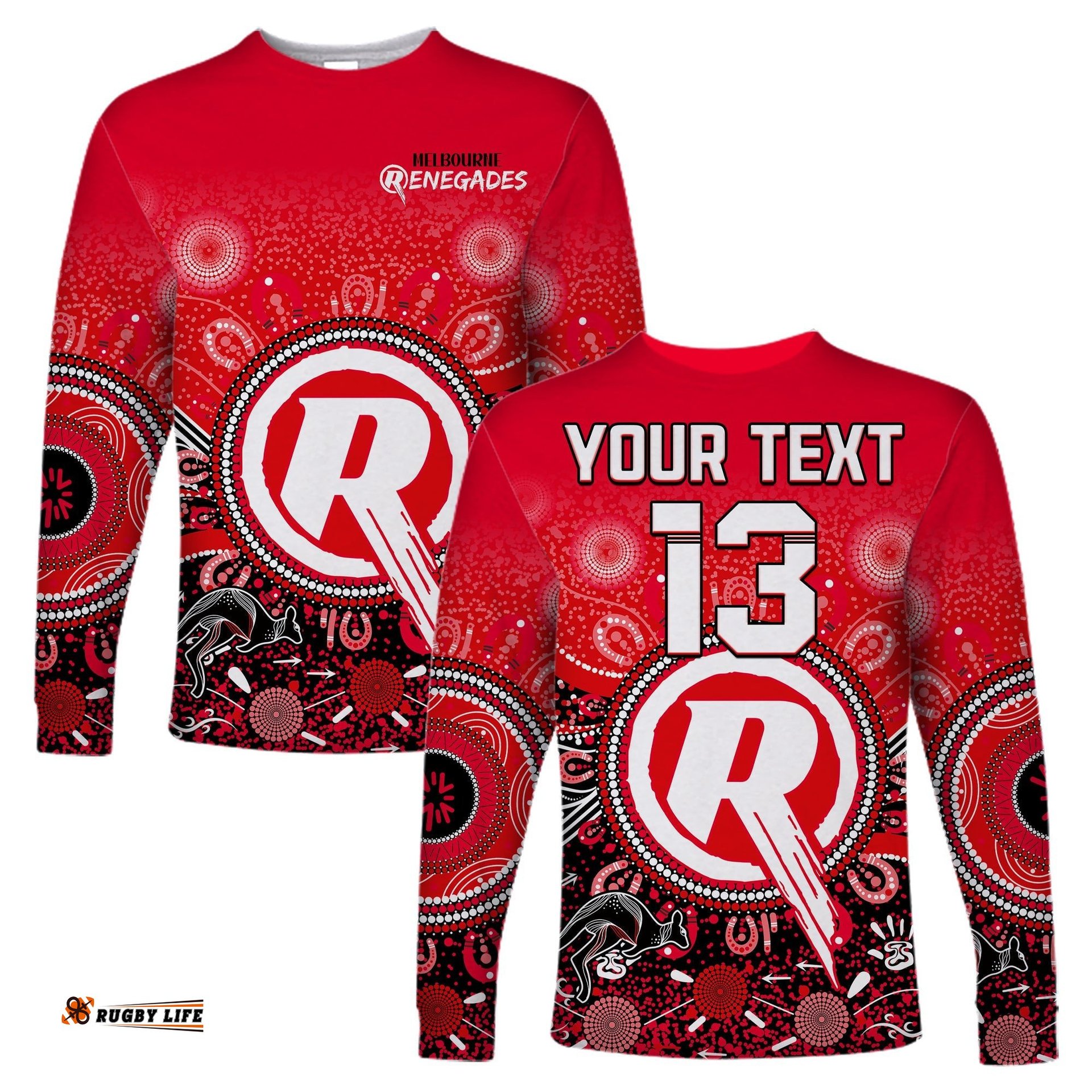 Custom Text and Number Melbourne Renegades Long Sleeve T-shirt Cricket Aboriginal