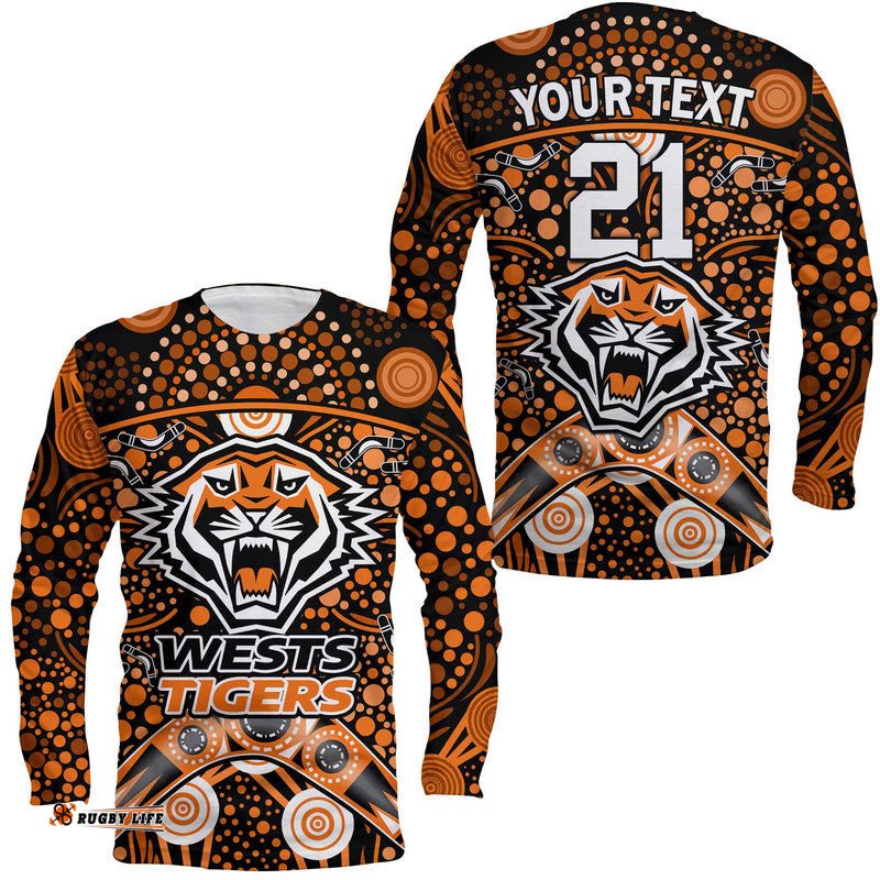 Custom Personalised Wests Tigers Rugby Long Sleeve T-shirt Boomerang Indigenous Dots