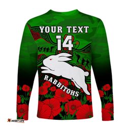 Custom Text And Number Rabbitohs Rugby ANZAC Long Sleeve T-shirt South Sydney Camouflage Poppy Aboriginal