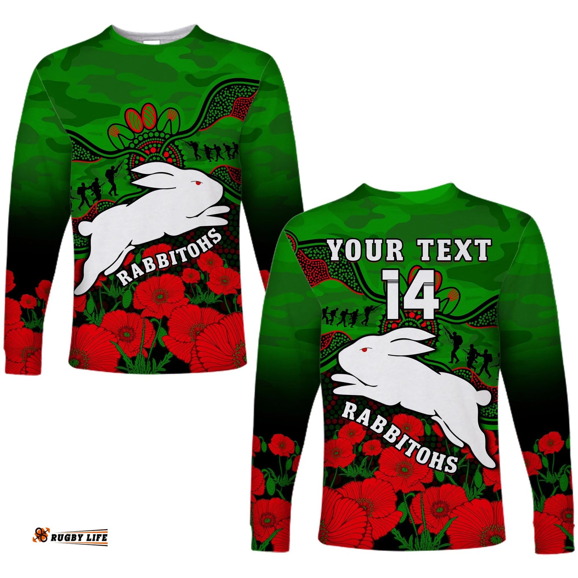 Custom Text And Number Rabbitohs Rugby ANZAC Long Sleeve T-shirt South Sydney Camouflage Poppy Aboriginal