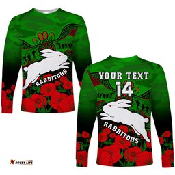 Custom Text And Number Rabbitohs Rugby ANZAC Long Sleeve T-shirt South Sydney Camouflage Poppy Aboriginal