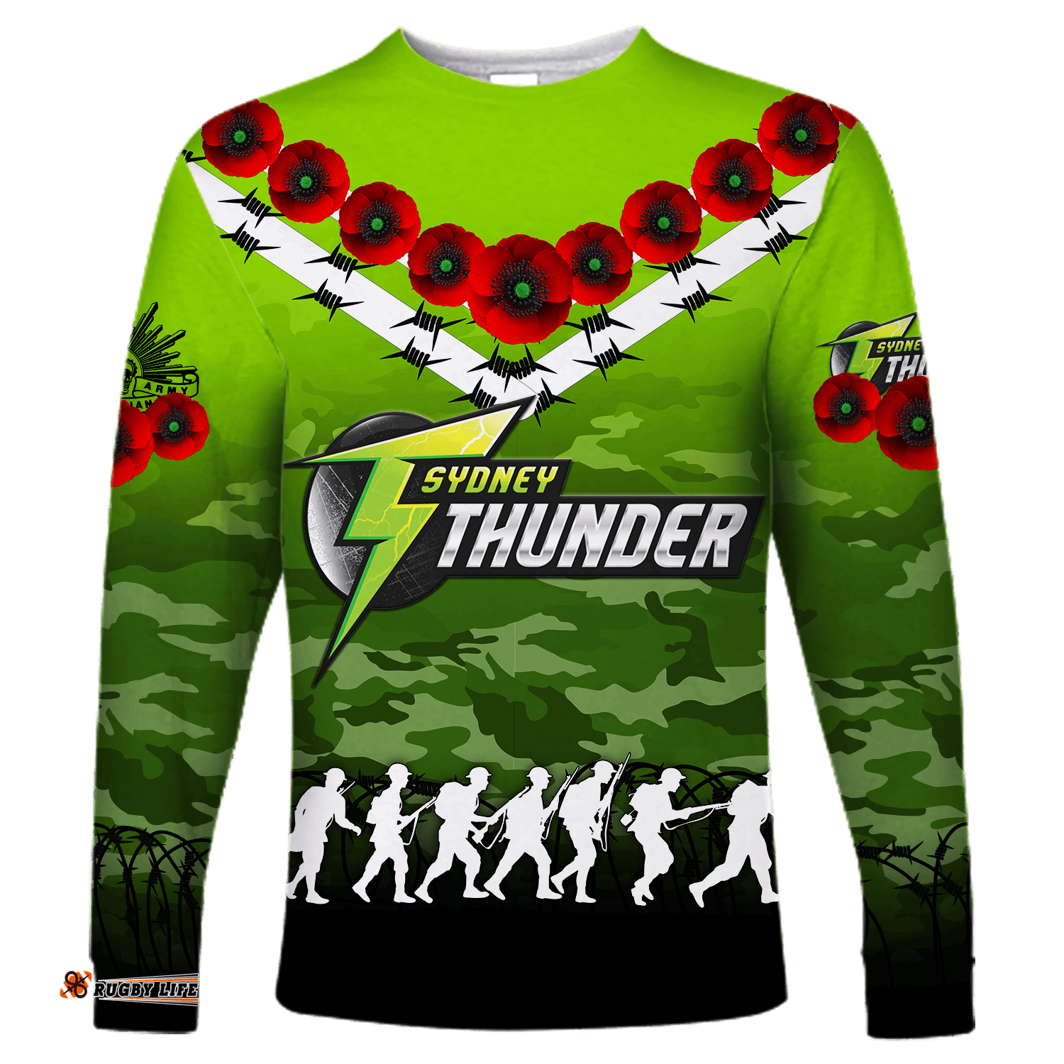Custom Personalised Sydney Thunder ANZAC Long Sleeve T-shirt Camouflage With Poppy