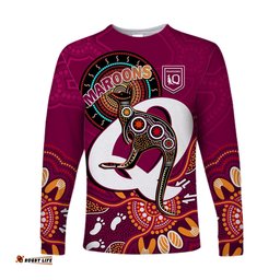 Custom Text And Number Maroons Rugby Long Sleeve T-shirt Queensland Kangaroo Aboriginal Dot Paintings