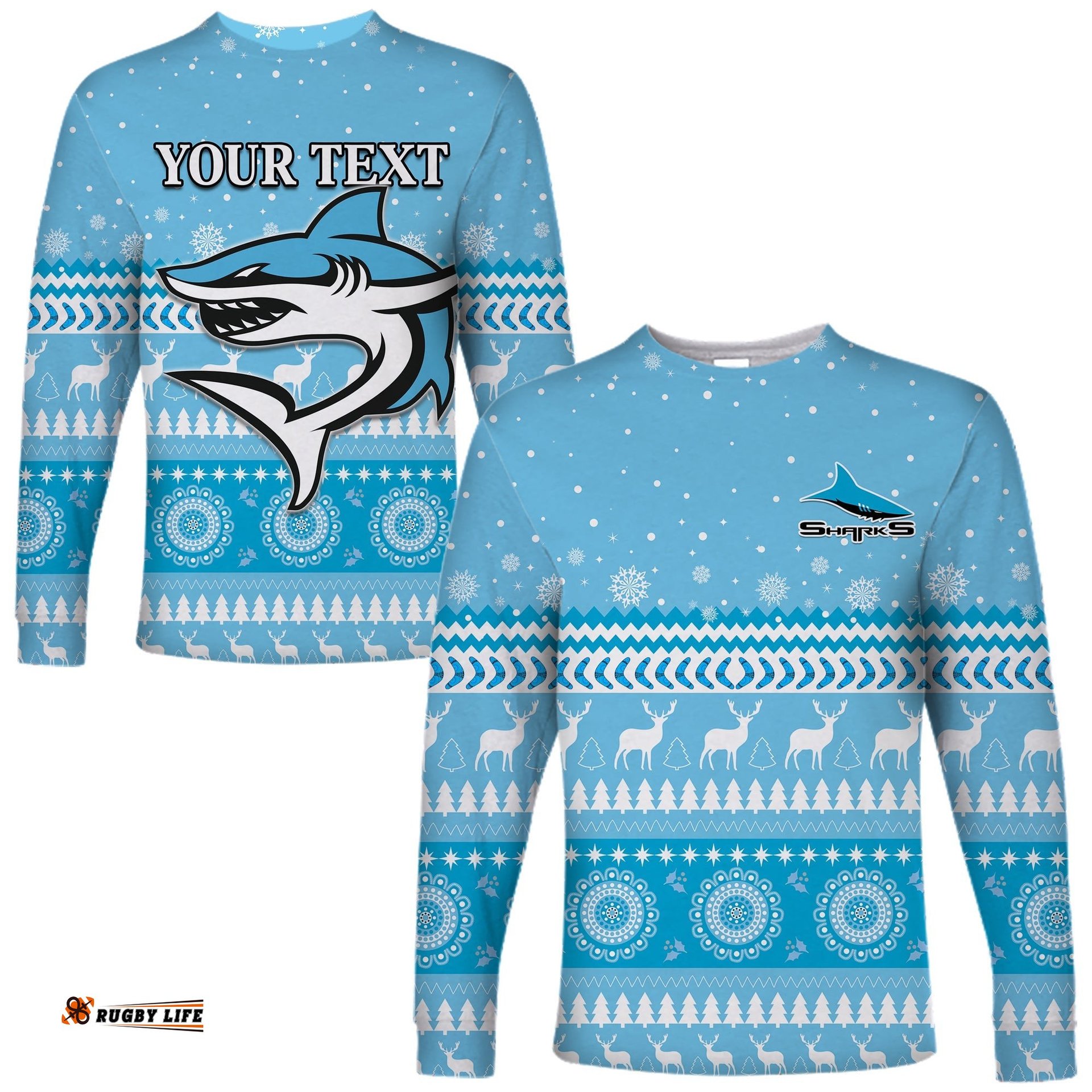 Custom PersonalisedSharks Long Sleeve T-shirt Christmas Cronulla Sutherland
