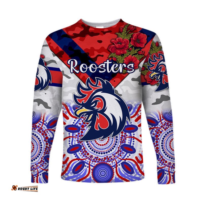 Custom Personalised Sydney Roosters ANZAC Long Sleeve T-shirt Indigenous White