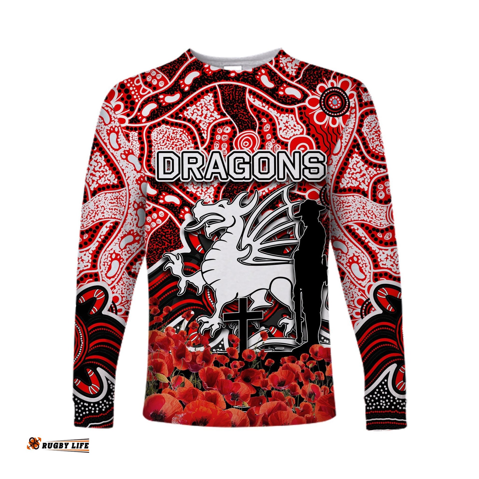 St. George Dragons Long Sleeve T-shirts Anzac Day Poppy Flowers With Aboriginal
