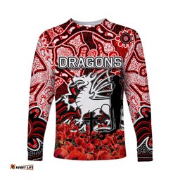 St. George Dragons Long Sleeve T-shirts Anzac Day Poppy Flowers With Aboriginal
