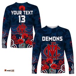 Custom Text and Number Demons Anzac Long Sleeve T-shirt Melbourne Football Aboriginal Poppy