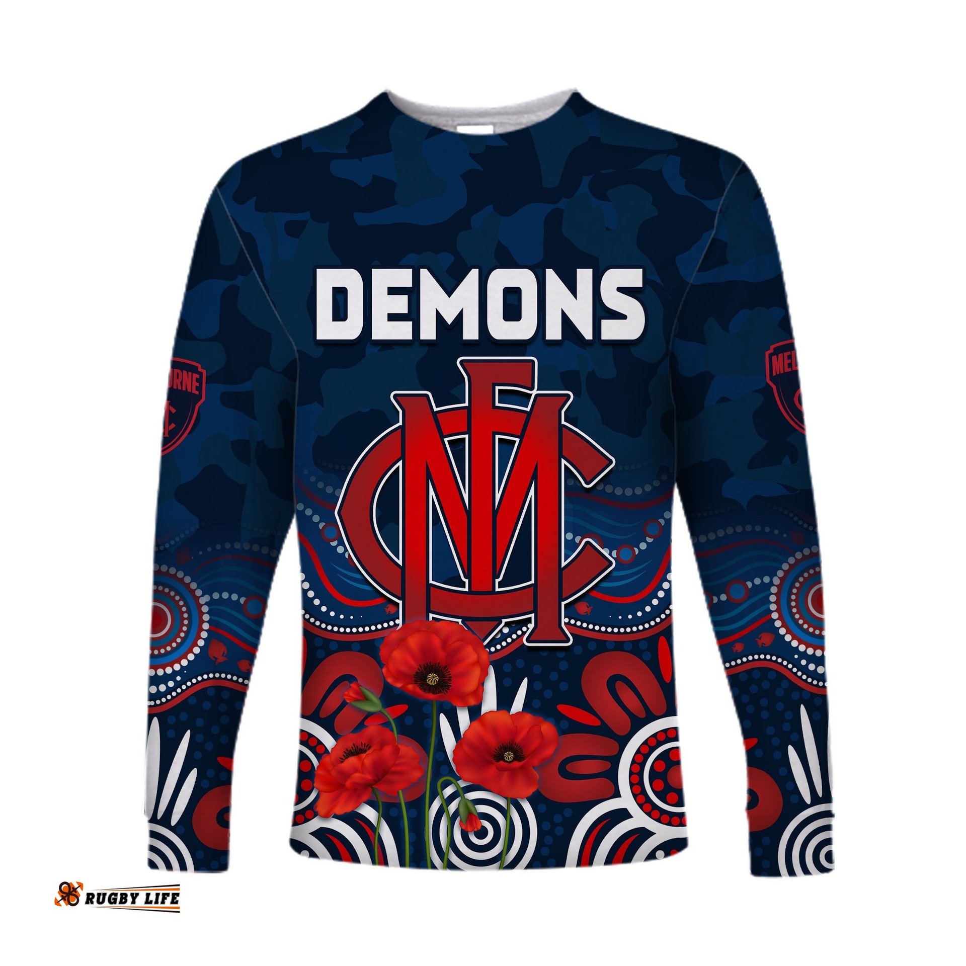 Custom Text and Number Demons Anzac Long Sleeve T-shirt Melbourne Football Aboriginal Poppy