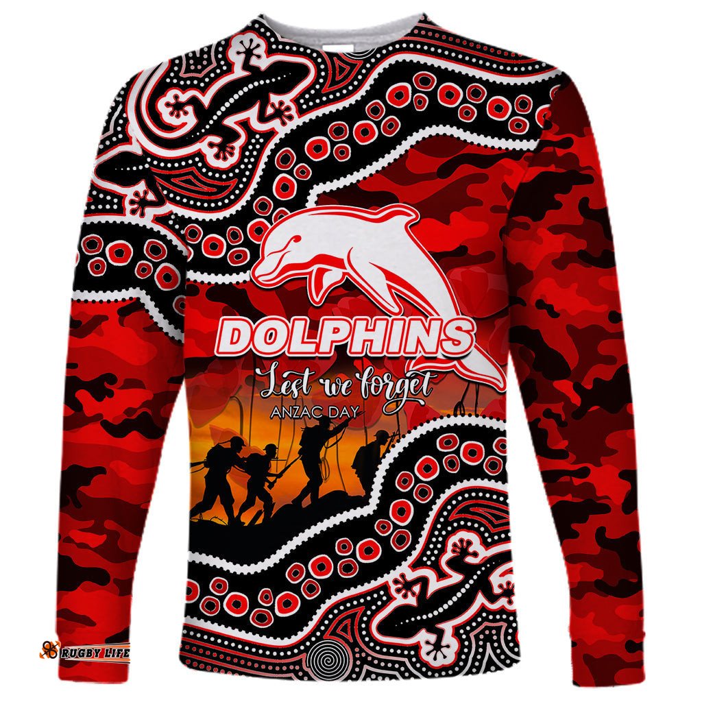 Custom Personalised Anzac Day NRL Dolphins Long Sleeve T-shirt Aboriginal Lizard Patterns