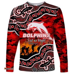Custom Personalised Anzac Day NRL Dolphins Long Sleeve T-shirt Aboriginal Lizard Patterns