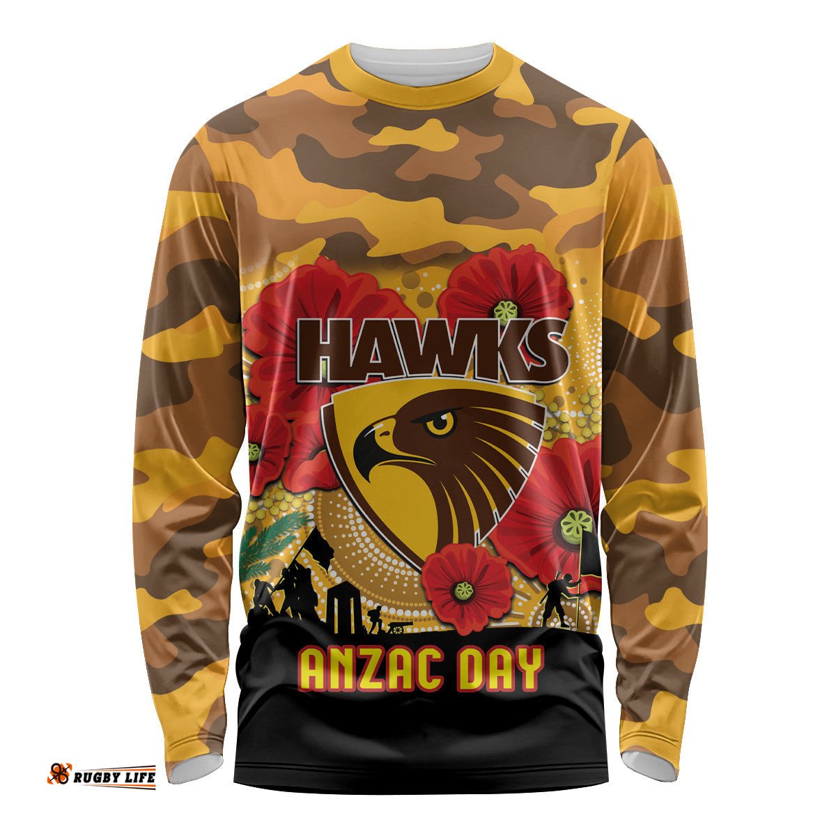 Custom Hawks Football ANZAC Long Sleeve T-shirt Gallipoli Camouflage With Poppies