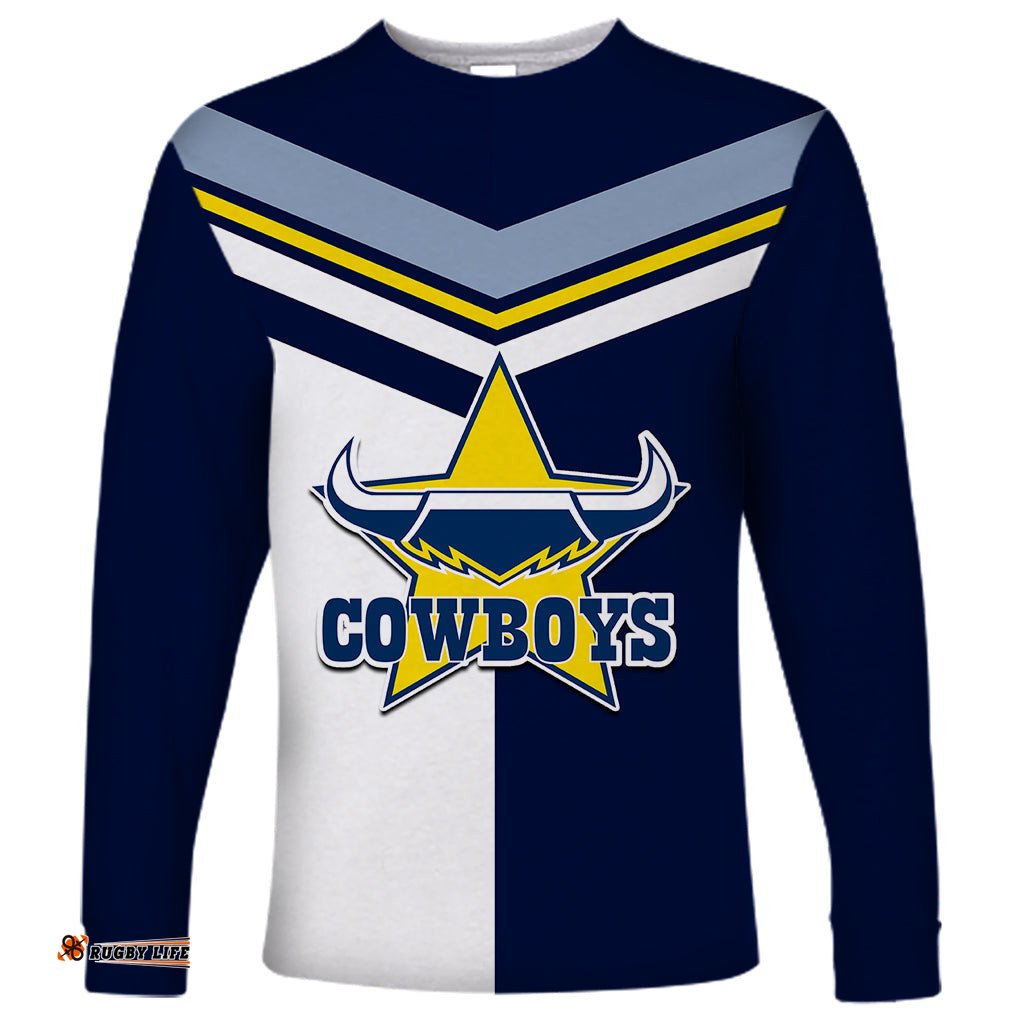 Custom Text And Number NRL Cowboys Long Sleeve T-shirt Mix Jersey