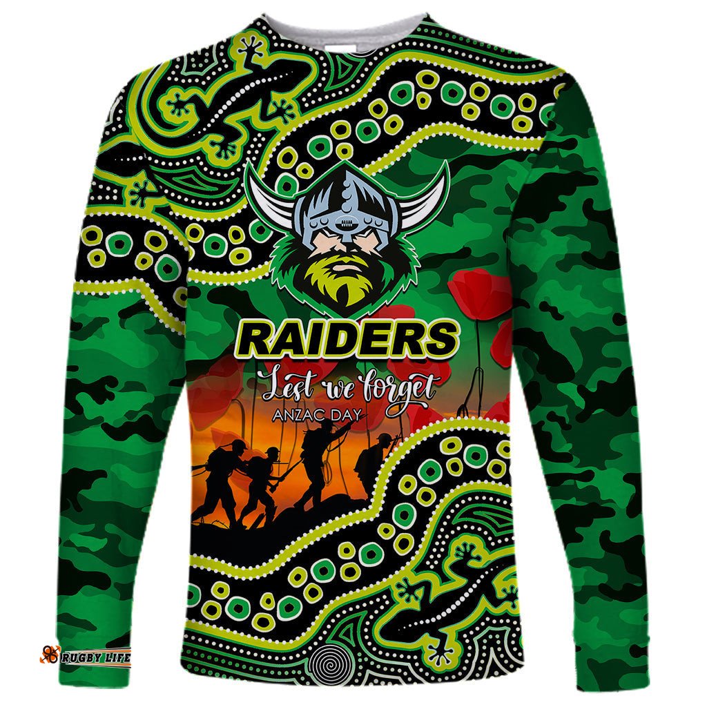 Custom Personalised Anzac Day NRL Raiders Long Sleeve T-shirt Aboriginal Lizard Patterns