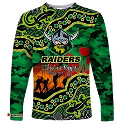 Custom Personalised Anzac Day NRL Raiders Long Sleeve T-shirt Aboriginal Lizard Patterns