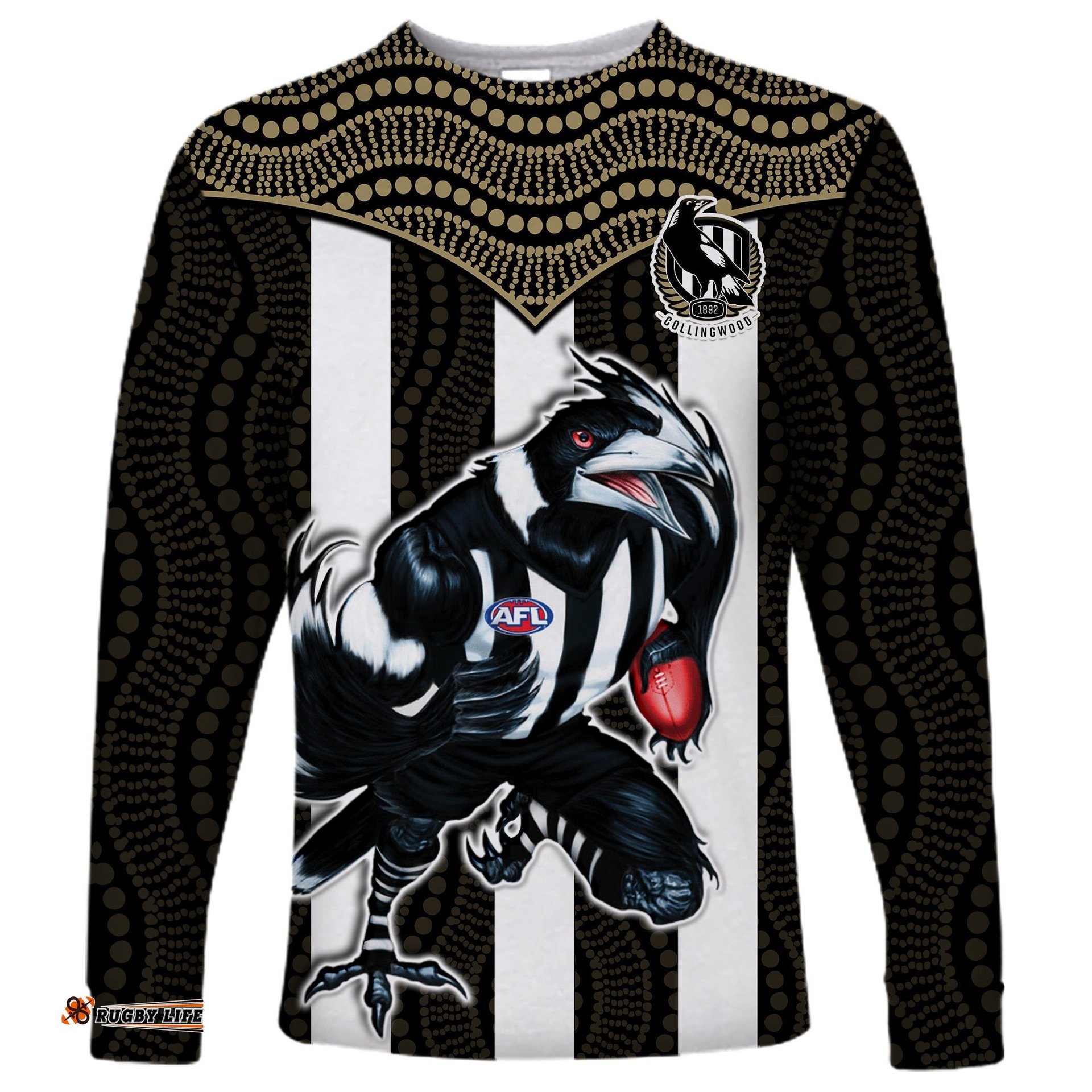 Magpies Football Long Sleeve T-shirt Collingwood 1892 Indigenous Sporty Style
