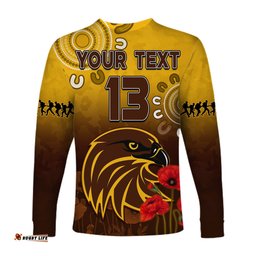 Custom Text and Number Hawks Anzac Long Sleeve T-shirt Hawthorn Football Aboriginal Poppy