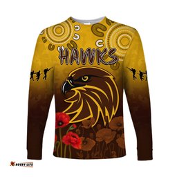 Custom Text and Number Hawks Anzac Long Sleeve T-shirt Hawthorn Football Aboriginal Poppy