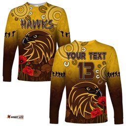 Custom Text and Number Hawks Anzac Long Sleeve T-shirt Hawthorn Football Aboriginal Poppy