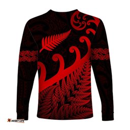 New Zealand Rugby Maori Long Sleeve T-shirt Silver Fern Koru Red