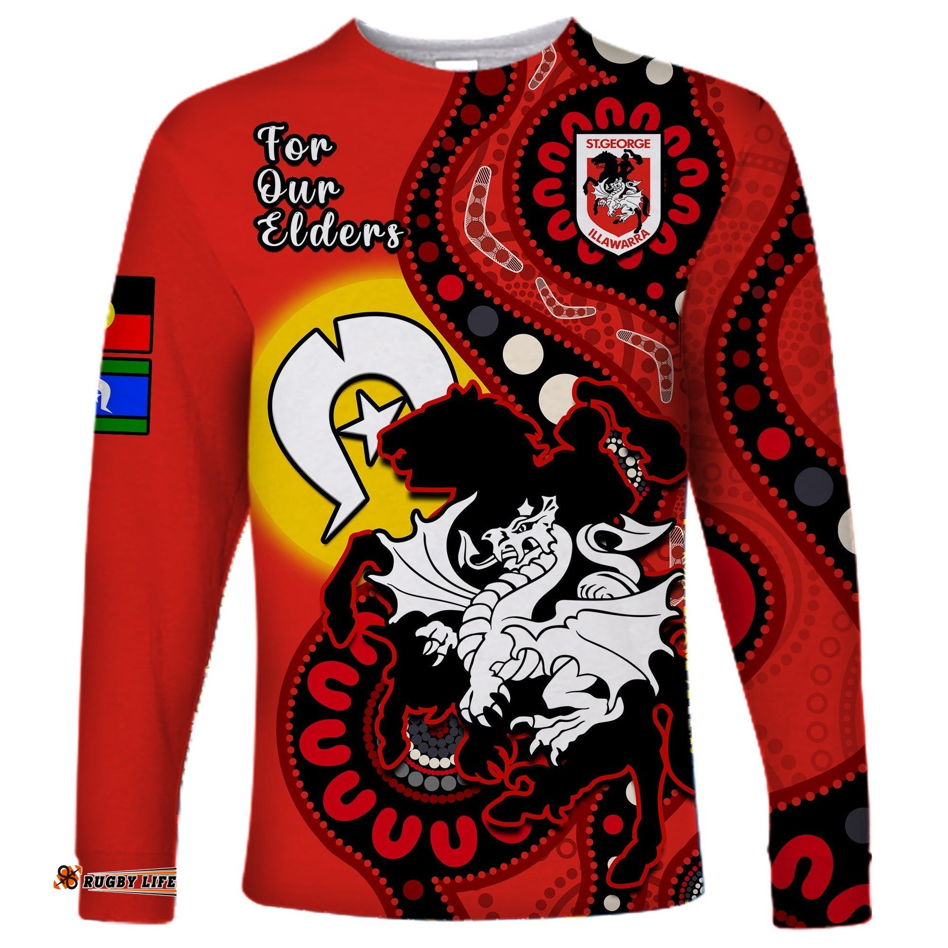 Custom Text And Number Dragons Rugby NAIDOC Long Sleeve T-shirt For Our Elders Aboriginal