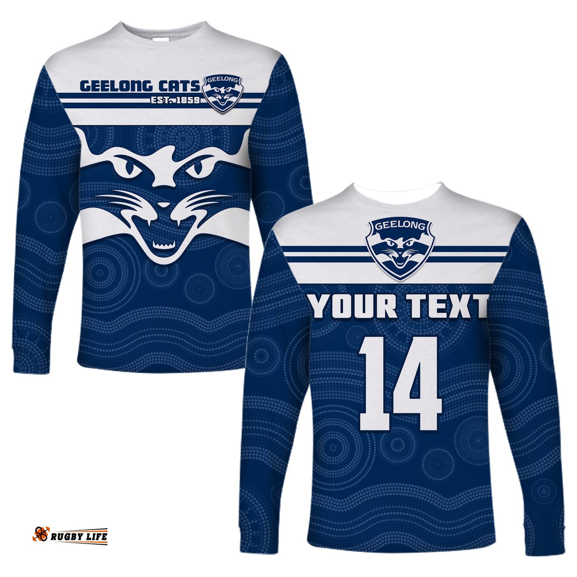 Custom Text And Number Cats Football Long Sleeve T-shirt Geelong Est 1859 Aboriginal Art