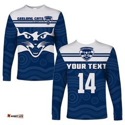 Custom Text And Number Cats Football Long Sleeve T-shirt Geelong Est 1859 Aboriginal Art