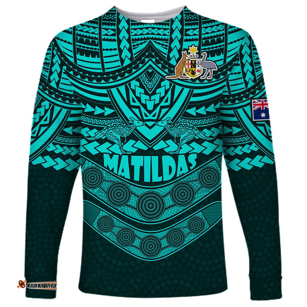 Custom Matildas Soccer Long Sleeve T-shirt Polynesian and Aboriginal Turquoise
