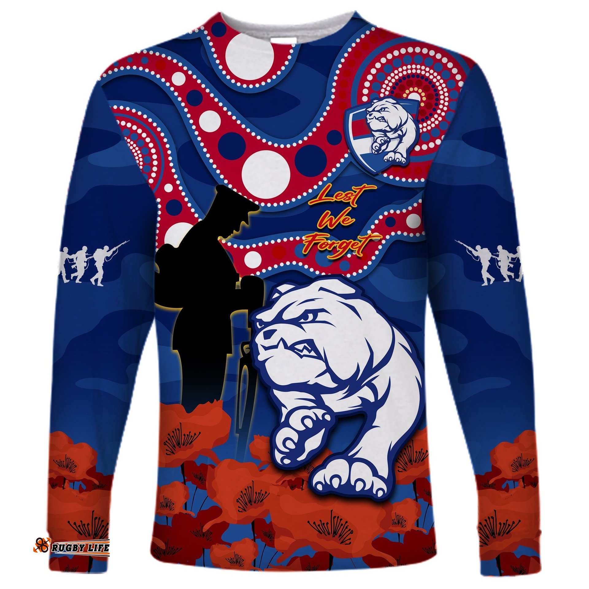 Custom Text And Number Western Bulldogs Football ANZAC Long Sleeve T-shirt Doggies Aboriginal Mix Poppy Camouflage