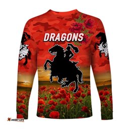 St. George Illawarra Dragons ANZAC Long Sleeve T-shirt Poppy Flowers Red
