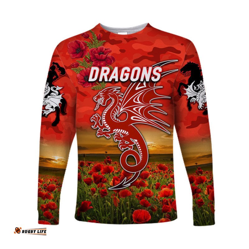 St. George Illawarra Dragons ANZAC Long Sleeve T-shirt Poppy Flowers Red